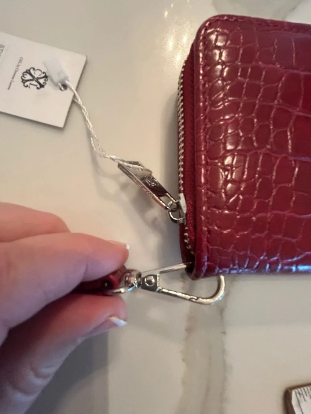 CXL Christian Lacroix faux crocco leather maroon red zip around wallet wristlet